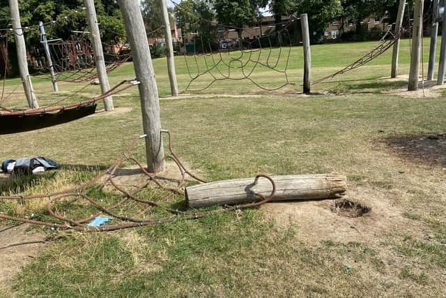 One of the climbing frame posts had been ripped out of the ground and dumped.