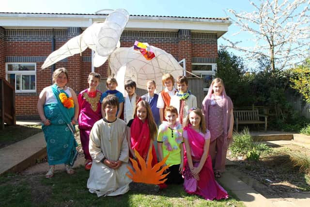 2011: Pupils from the Castle Ashby cluster of schools including Yardley Hastings, Grendon, Little Houghton, Cogenhoe and Denton Primary Schools, taking part in an Indian style wedding at Denton Primary School for their global week.