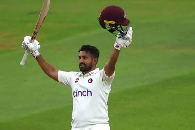 Karun Nair celebrates reaching his century during day two of the LV= Insurance County Championship Division One match between Surrey and Northamptonshire at The Kia Oval (Picture: Ben Hoskins/Getty Images for Surrey CCC)