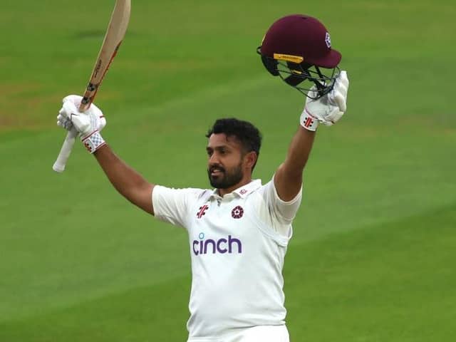 Karun Nair celebrates reaching his century during day two of the LV= Insurance County Championship Division One match between Surrey and Northamptonshire at The Kia Oval (Picture: Ben Hoskins/Getty Images for Surrey CCC)