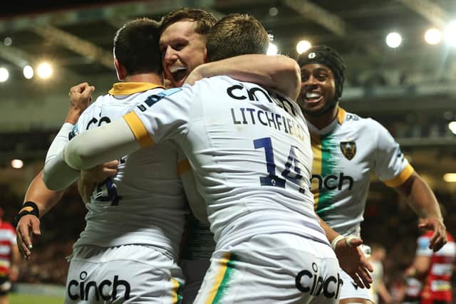 Saints celebrated a superb win at Gloucester (photo by David Rogers/Getty Images)