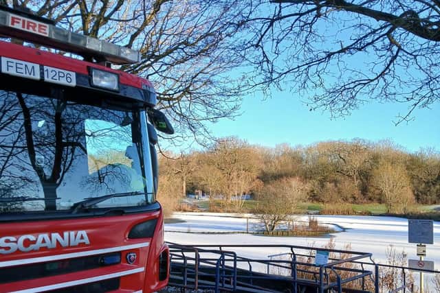 Northamptonshire Fire and Rescue Service respond to people on a frozen pond in Corby