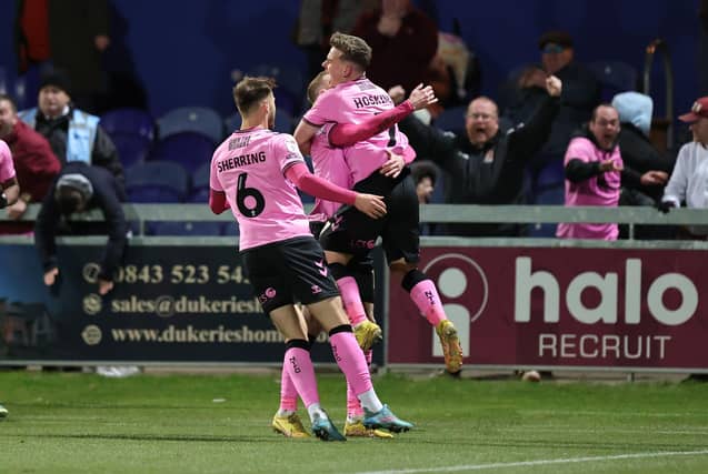 Sam Hoskins came to the rescue again with a brilliant late volley at Mansfield. Pictures: Pete Norton.