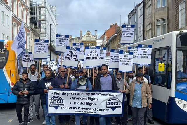 A union for taxi drivers has taken to the streets of Northampton to protest against "racist and regressive" regulations being voted on by West Northants Council.
Credit: ADCU