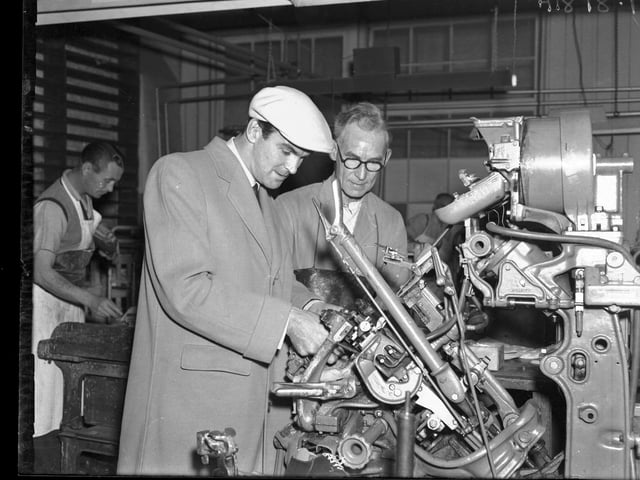 Actor Staley Baker at Manfield shoe factory, Northampton, November 7, 1957