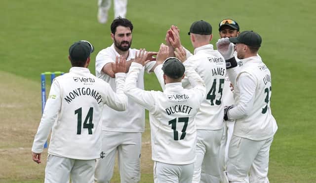 Brett Hutton celebrates one of his five wickets for Notts (Photo by David Rogers/Getty Images)