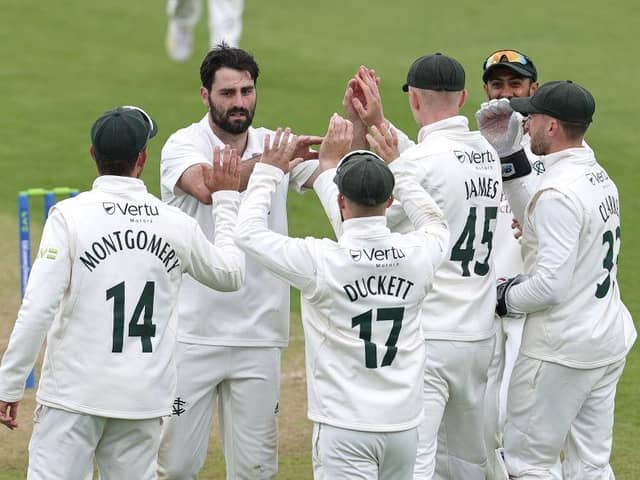 Brett Hutton celebrates one of his five wickets for Notts (Photo by David Rogers/Getty Images)