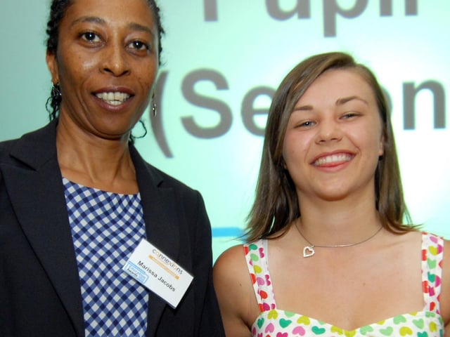 2010: Term Time Education Awards at Freemasons Hall and Conference Centre, St Georges Ave, Northampton. Marissa Jacobs form Connexions presents the Outstanding Pupil Award, runner-up to Charlotte Burrows of Campion School.