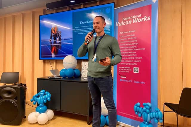 Owen Moran talks to the room at the launch of the new Barclays Eagle Lab