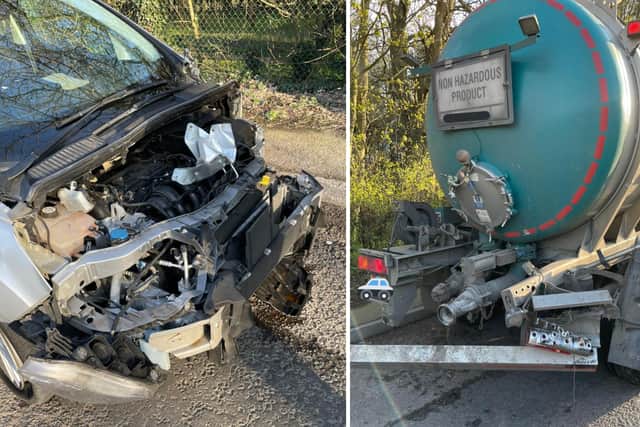 All three occupants of this Ford C-Max thankfully escaped unhurt following a smash involving a tanker on the A43. Photo: @NorthantsSCIU