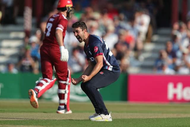 Ben Sanderson celebrates after dismissing Jos Buttler for a duck (Picture: David Rogers/Getty Images)