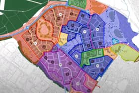 Master plan for the Dallington Grange housing development. The area on the south border highlighted in pink is to contain a group of 100 affordable homes.
Taken from planning application presentation at West Northants Council.