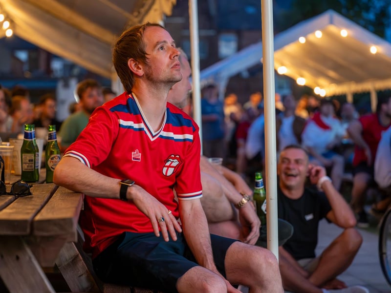 Football fans watching England vs Panama in the garden of The Black Prince in Northampton on Saturday, June 27, 2026. Photo by David Jackson.