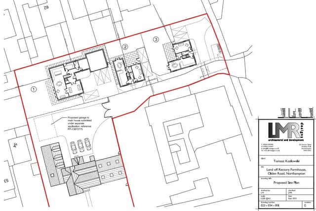Plans for the three new homes behind the existing Rectory Farmhouse (bottom left) and community centre. Credit: Tomasz Kozlowski