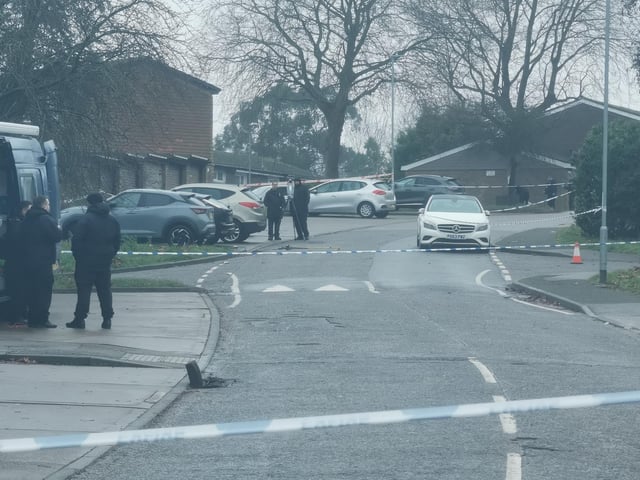 This was the crime scene in Flaxwell Court, Standens Barn, on Thursday at 3pm, where police were investigating the murder of a man in his 20s.