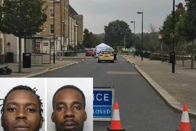 The scene in Webb Drive, Upton back in October 2018. (Inset) Drug dealers Kayongo Shuleko (left) and Jerome Smikle (right) murdered Josh Bains over a £40 drug debt they owed him.