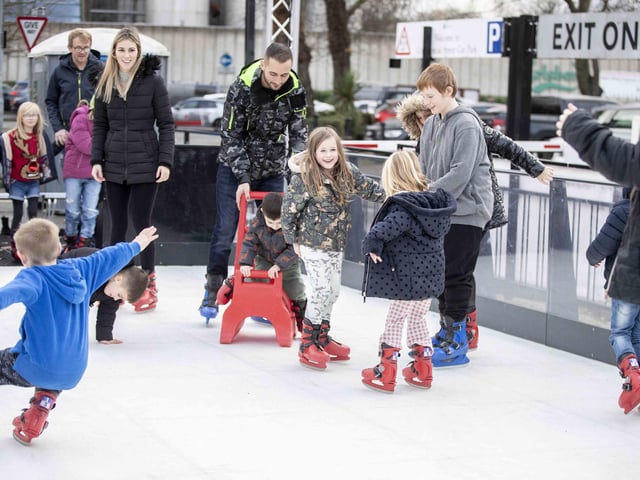 West Northamptonshire Council (WNC) has put on a free ice skating rink at the temporary market, as part of festivities in 2023.