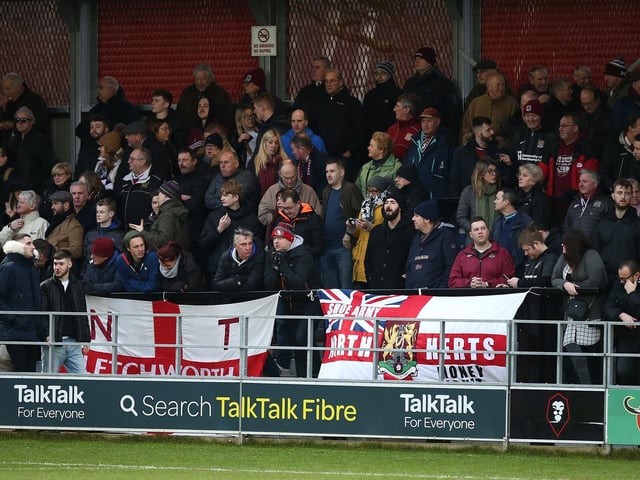 2020: A view of some of the 1066 traveling Northampton Town fans during the Sky Bet League Two match between Salford City and Northampton Town at The Peninsula Stadium on January 11, 2020 in Salford, England. (Photo by Pete Norton/Getty Images)