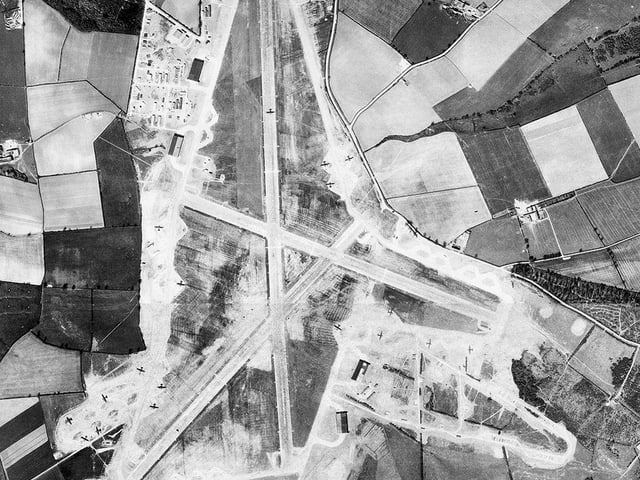 Overhead veiw of Harrington air base The B24's painted black stand out well. there is one taking off on the main runway