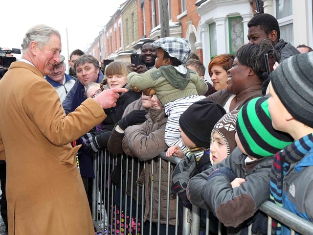 Prince Charles took time to greet locals outside Crockett and Jones shoe factory in Perry Street, Northampton.