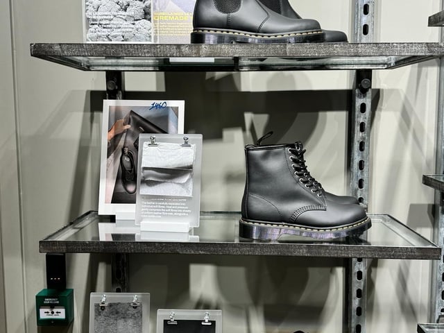 A display of the new Dr. Martens footwear made from reclaimed leather manufactured by Gen Phoenix in Peterborough