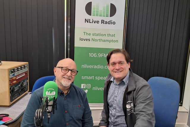 New presenter Mike Curtis with Station Manager Martin Steers in the NLive Radio studio