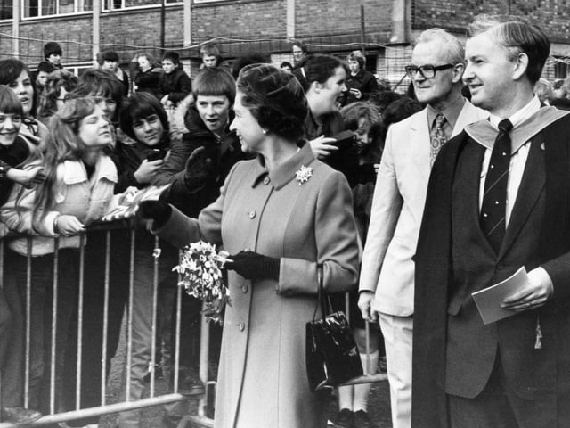 The Queen at Queen Elizabeth School in Corby in 1982