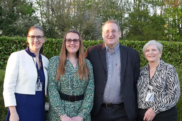 Marie and Simon Cox (centre) with Emma Coen, General Manager of the Hilton Northampton and Dawn Knight, Rooms Division Manager at Hilton Northampton