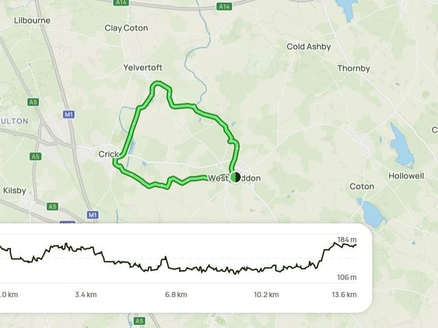 Explore this 13.7-km circular trail near Daventry, Northamptonshire – a moderately challenging route with 208m of elevation gain, typically taking around 3 hours and 8 minutes to complete. Great for hiking, running, and walking, it’s a quiet route with few other users. Starting from the Pytchley Inn on High Street/Guilsborough Road, the trail follows peaceful roads and paths through the countryside. A section of the route runs along the Grand Union Canal, passing Yelvertoft Marina, where you’ll see canal boats at rest. The terrain is mostly flat, with a small hill at the end.