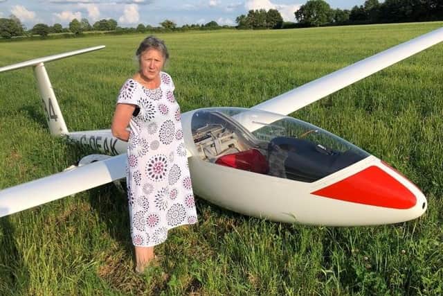 Angela Cadd with the glider in Courteenhall Estate field