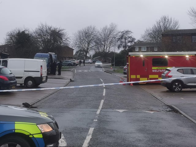 This was the crime scene in Flaxwell Court, Standens Barn, on Thursday at 3pm, where police were investigating the murder of a man in his 20s.