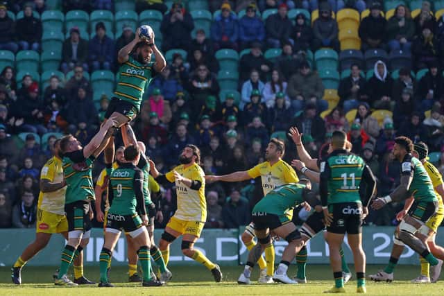 Lewis Ludlam rising highest to grab the ball against La Rochelle on Saturday