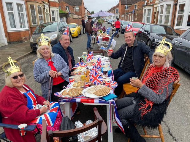 Street party goers in Ashburnham Road, Abington enjoyed live music, a raffle and a game of pin the crown on the Queen.