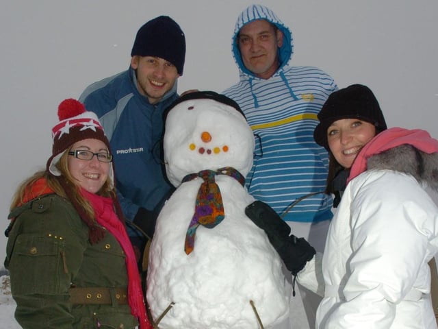 The members and staff of Northampton Hope Centre enjoy the snow at the Racecourse.  Pictured from left: Emma Vokes, Nick Bellamy, Colin Scarley and Julie Gifford. Thursday, 5th February 2009