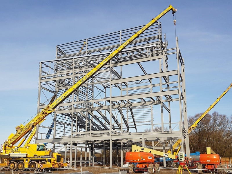 The steel frame of the cinema at Rushden Lakes