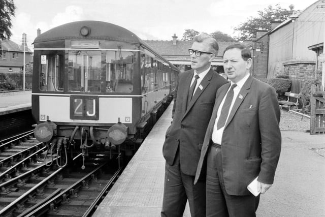 Councillors James Cook and Philip Wood at Corstorphine Station in June 1966.