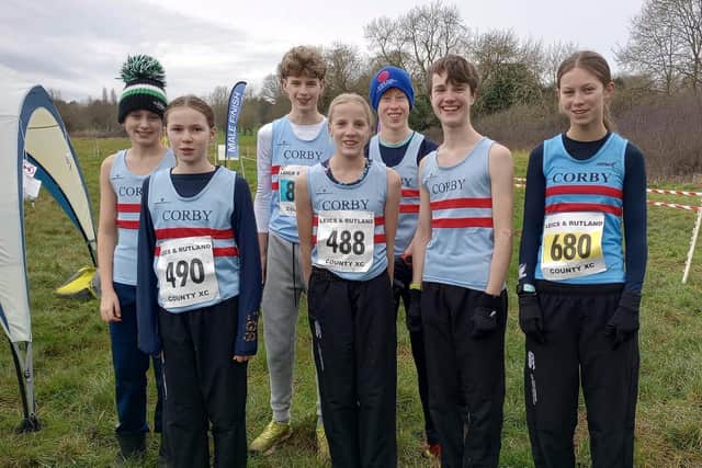 Corby juniors runners - left to right - Jasper Neal, Freya Ives, Barney Burman, Beth Griffiths, Aubrey Elmer, William Griffiths and Francesca Fitzpatrick.