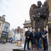 Angie Kennedy of C2C with Northamptonshire Police, Fire and Crime Commissioner Stephen Mold, Mike Monk of Northampton Street Pastors and Supt Adam Ward of Northamptonshire Police in front of the Knife Angel