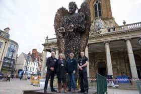 Angie Kennedy of C2C with Northamptonshire Police, Fire and Crime Commissioner Stephen Mold, Mike Monk of Northampton Street Pastors and Supt Adam Ward of Northamptonshire Police in front of the Knife Angel