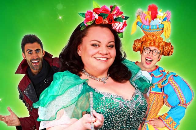 Keala Settle with Richard David-Caine and Bob Golding in Jack and the Beanstalk.