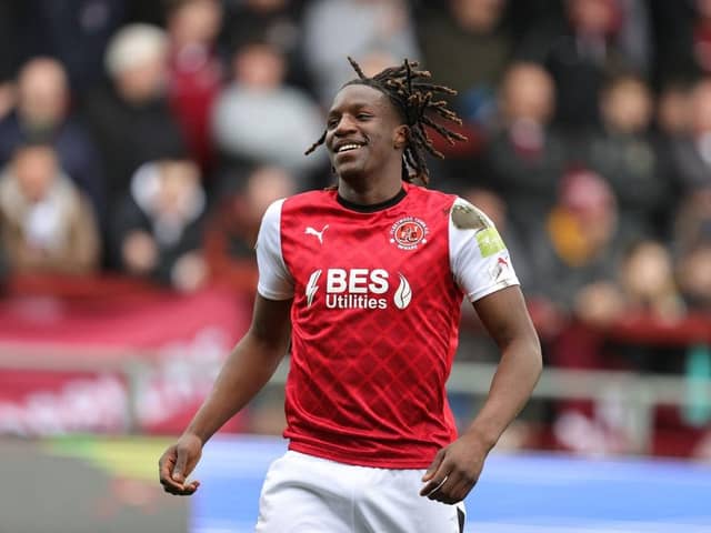 Bosun Lawal of Fleetwood Town celebrates after scoring his side's second goal during the Sky Bet League One match against Northampton Town. (Photo by Pete Norton/Getty Images)