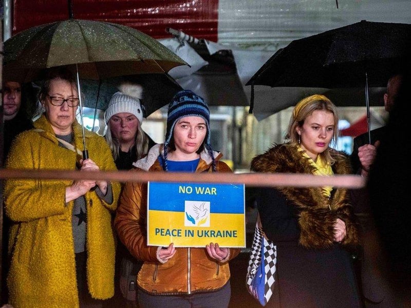 The Market Square was lined with Northampton residents demonstrating support for the people of Ukraine on February 28. A peace vigil was held in the town centre to say "war is not OK anywhere."