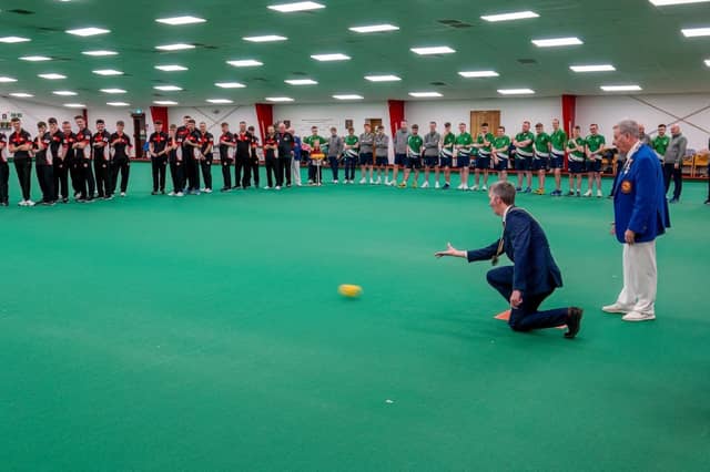 Northampton Mayor, Cllr Paul Joyce delivering the first bowl at the official opening.