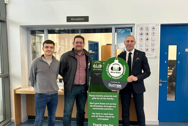 Station Manager NLive Radio Martin Steers, Station Assistant and appeal coordinator Will Olerich and Principle of The Duston School Sam Strickland.
