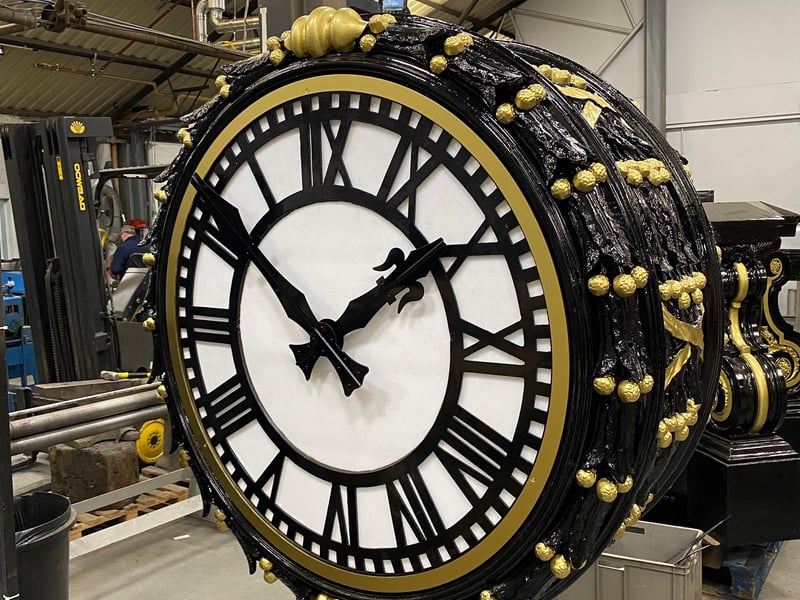 The clock dials and hands have been restored with new glazing and paint work.