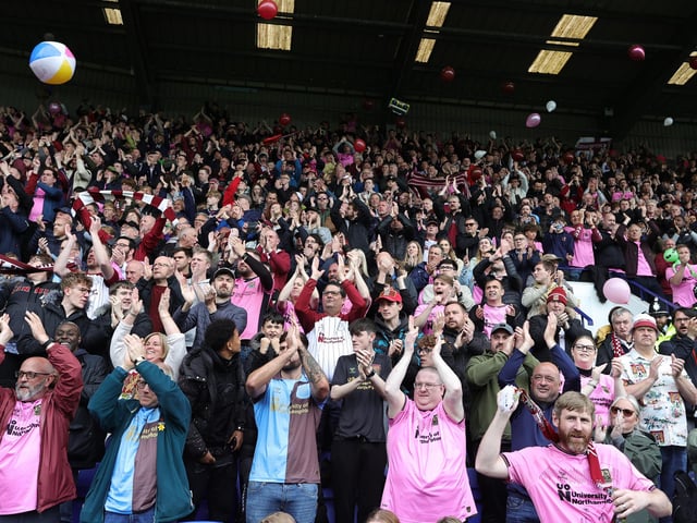 2023: Northampton Town supporters prior to the Sky Bet League Two between Tranmere Rovers and Northampton Town at Prenton Park on May 08, 2023 in Birkenhead, England. (Photo by Pete Norton/Getty Images)