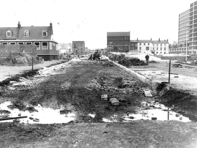 Greyfriars bus station being built 1970s. This picture shows the site after it was cleared cleared site