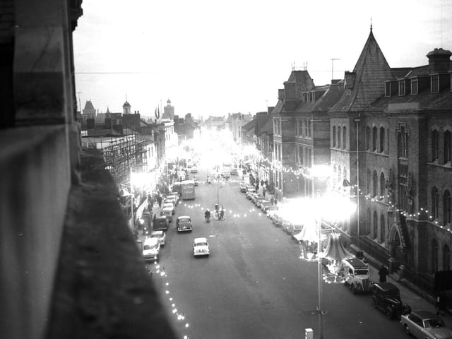 Abington Street, Northampton, Christmas lights, November 28, 1960. On the right is the Notre Dame Convent School, demolished in 1979.