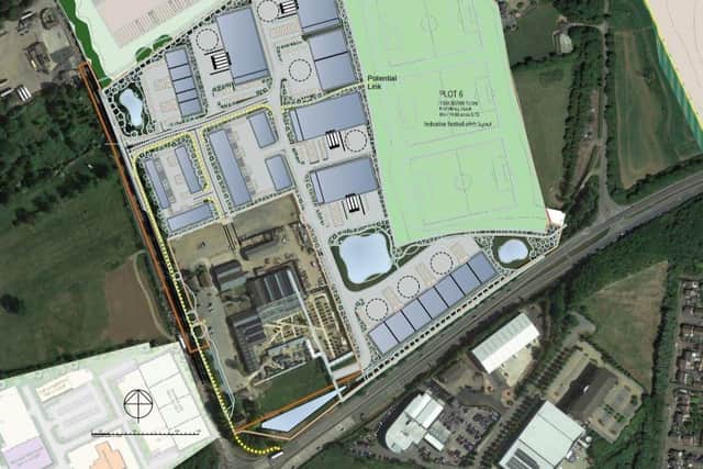 An indicative masterplan of the Bell Plantation employment site development. Part of the adjoining DHL site, which includes the proposed football pitches for the town, can be seen directly above the boundaries.
Credit: Alban Mann LLP