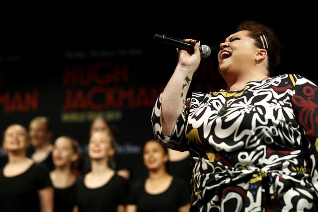 Keala Settle perform with the Australian Girls Choir during a Hugh Jackman media announcement at the Museum of Contemporary Art on February 26, 2019 in Sydney, Australia.